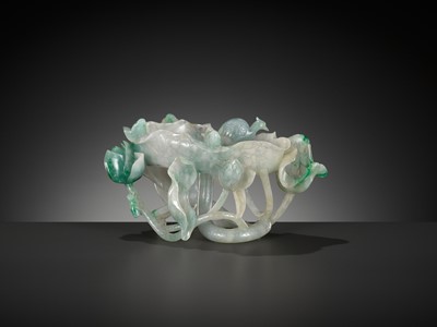 Lot 116 - A TRANSLUCENT EMERALD GREEN AND LAVENDER JADEITE ‘LOTUS AND BIRDS’ BRUSH WASHER, QING DYNASTY