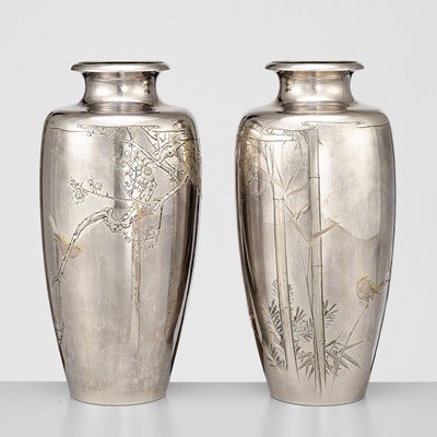 Lot 156 - KOBAYASHI BIKYO FOR THE HATTORI COMPANY: A SUPERB PAIR OF SILVER PRESENTATION VASES