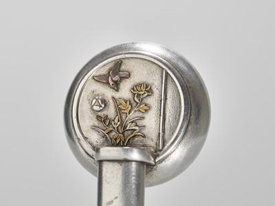 Lot 69 - HARUMITSU: A FINE SILVER YATATE (PORTABLE WRITING SET) DEPICTING QUAILS AND AUTUMN GRASSES