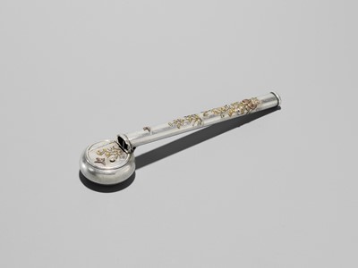 Lot 69 - HARUMITSU: A FINE SILVER YATATE (PORTABLE WRITING SET) DEPICTING QUAILS AND AUTUMN GRASSES