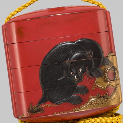 A FINE INLAID LACQUER THREE-CASE INRO WITH A BEAR AND CRABS