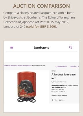 Lot 224 - A FINE INLAID LACQUER THREE-CASE INRO WITH A BEAR AND CRABS