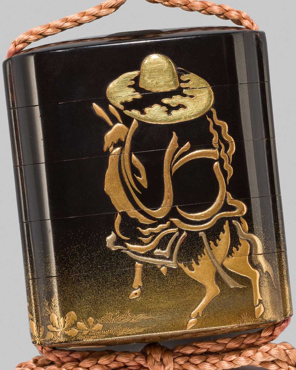 Lot 290 - A FINE BLACK LACQUER FOUR-CASE INRO DEPICTING TOBA ON HIS MULE