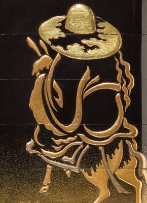 A FINE BLACK LACQUER FOUR-CASE INRO DEPICTING TOBA ON HIS MULE