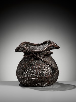 Lot 82 - BIJOSAI: A BAMBOO HANAKAGO (FLOWER BASKET) IN THE FORM OF DAIKOKU’S BAG