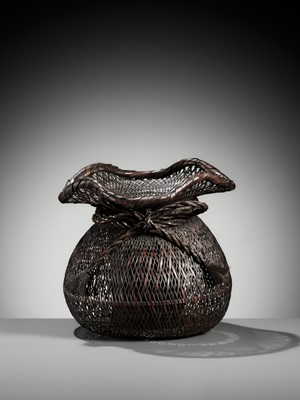 Lot 82 - BIJOSAI: A BAMBOO HANAKAGO (FLOWER BASKET) IN THE FORM OF DAIKOKU’S BAG