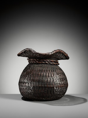 Lot 82 - BIJOSAI: A BAMBOO HANAKAGO (FLOWER BASKET) IN THE FORM OF DAIKOKU’S BAG