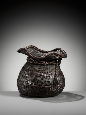 Lot 82 - BIJOSAI: A BAMBOO HANAKAGO (FLOWER BASKET) IN THE FORM OF DAIKOKU’S BAG