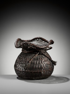 Lot 82 - BIJOSAI: A BAMBOO HANAKAGO (FLOWER BASKET) IN THE FORM OF DAIKOKU’S BAG