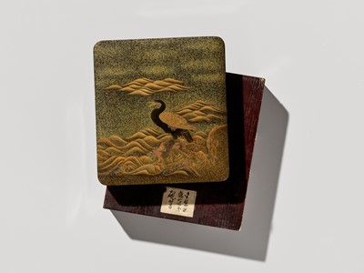 Lot 34 - A SUPERB LACQUER SUZURIBAKO DEPICTING A CORMORANT