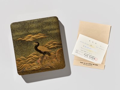 Lot 34 - A SUPERB LACQUER SUZURIBAKO DEPICTING A CORMORANT