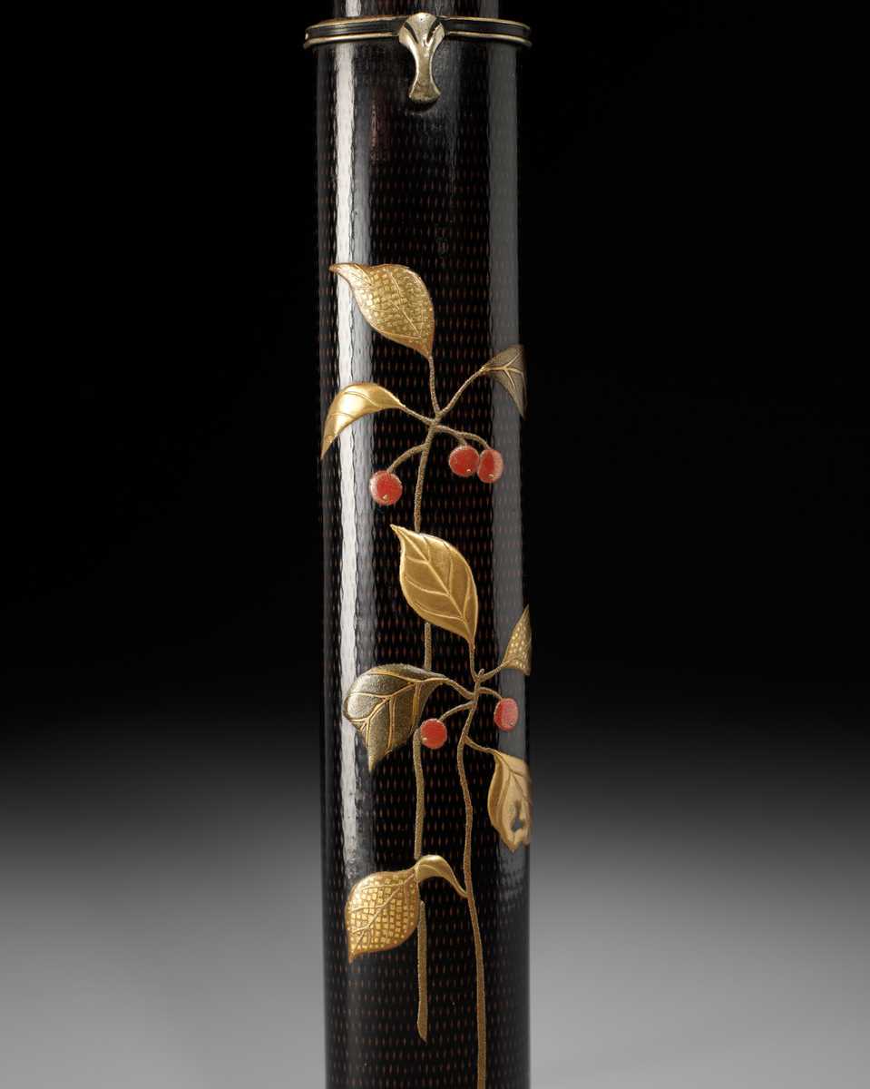 Lot 311 - SHIRAYAMA SHOSAI: A RARE AND SUPERB BLACK LACQUER KISERUZUTSU DEPICTING NANDINA SPROUTS