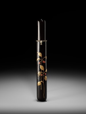 Lot 311 - SHIRAYAMA SHOSAI: A RARE AND SUPERB BLACK LACQUER KISERUZUTSU DEPICTING NANDINA SPROUTS