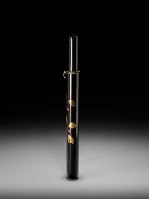 Lot 311 - SHIRAYAMA SHOSAI: A RARE AND SUPERB BLACK LACQUER KISERUZUTSU DEPICTING NANDINA SPROUTS