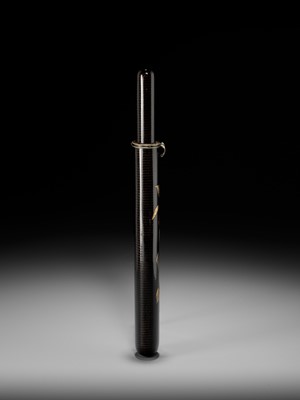 Lot 311 - SHIRAYAMA SHOSAI: A RARE AND SUPERB BLACK LACQUER KISERUZUTSU DEPICTING NANDINA SPROUTS
