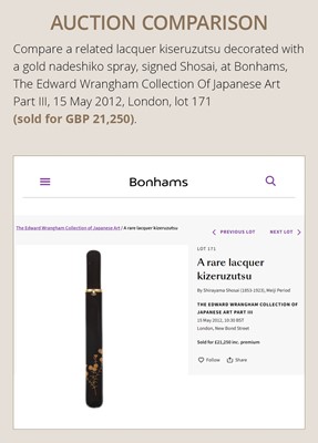 Lot 311 - SHIRAYAMA SHOSAI: A RARE AND SUPERB BLACK LACQUER KISERUZUTSU DEPICTING NANDINA SPROUTS