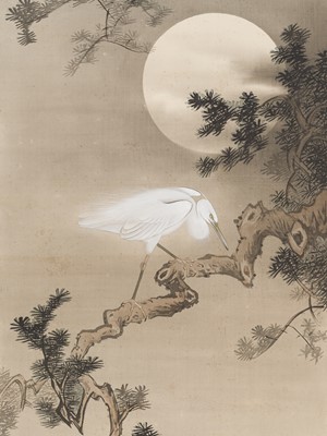 Lot 255 - MAKI OZAN: A FINE SCROLL PAINTING OF AN EGRET AND PINE TREE