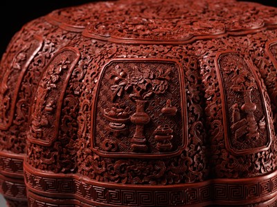 Lot 87 - AN IMPERIAL CINNABAR LACQUER LOBED BOX AND COVER, INSCRIBED FU GUI BAO HE (BOX OF FORTUNE IN ABUNDANCE), QIANLONG MARK AND OF THE PERIOD