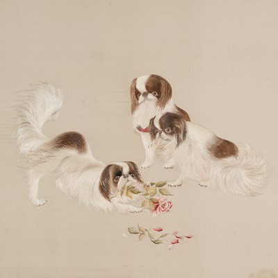 Lot 738 - A FINE AND LARGE SILK-EMBROIDERED PANEL OF THREE JAPANESE CHIN DOGS