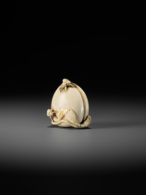 Lot 40 - AN IVORY NETSUKE OF A PEACH WITH INSECTS