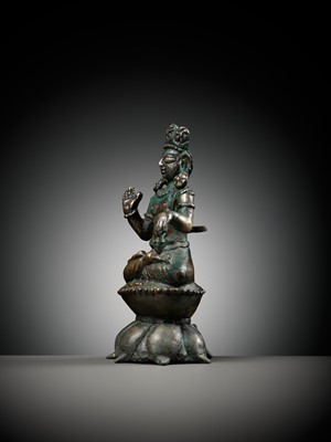 Lot 236 - A SILVERED COPPER-ALLOY FIGURE OF BUDDHA MAITREYA WITH SILVER-INLAID EYES, SWAT VALLEY, 7TH-8TH CENTURY