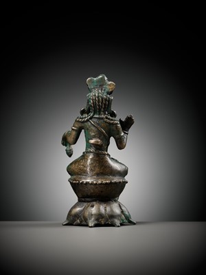 Lot 236 - A SILVERED COPPER-ALLOY FIGURE OF BUDDHA MAITREYA WITH SILVER-INLAID EYES, SWAT VALLEY, 7TH-8TH CENTURY