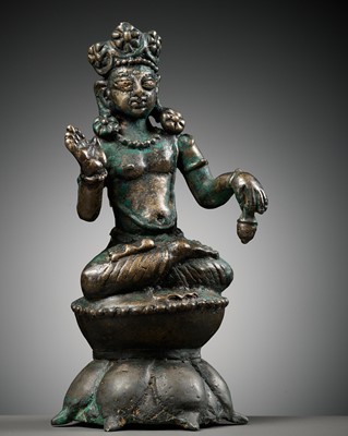 Lot 236 - A SILVERED COPPER-ALLOY FIGURE OF BUDDHA MAITREYA WITH SILVER-INLAID EYES, SWAT VALLEY, 7TH-8TH CENTURY