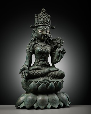 Lot 616 - A SILVER INLAID COPPER ALLOY FIGURE OF TARA, SWAT VALLEY, 7TH-8TH CENTURY