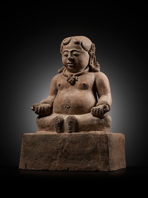 Lot 208 - A POTTERY FIGURE OF JAMBHALA, MAJAPAHIT PERIOD, 14TH-16TH CENTURY