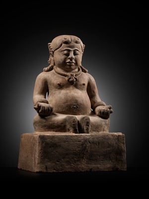 Lot 208 - A POTTERY FIGURE OF JAMBHALA, MAJAPAHIT PERIOD, 14TH-16TH CENTURY