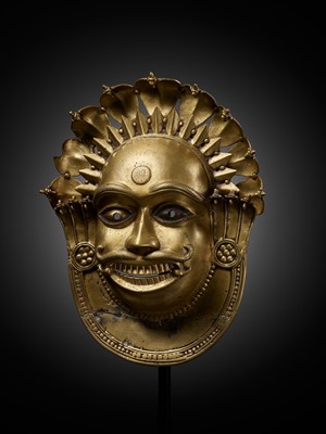 Lot 303 - A BRONZE MASK OF JUMADI, BHUTA CULTURE, 18TH-19TH CENTURY
