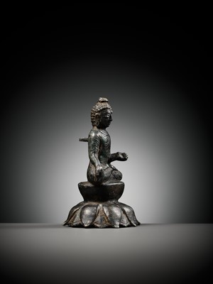 Lot 237 - A SILVERED COPPER-ALLOY FIGURE OF BUDDHA SHAKYAMUNI WITH SILVER-INLAID EYES, SWAT VALLEY, 7TH-8TH CENTURY