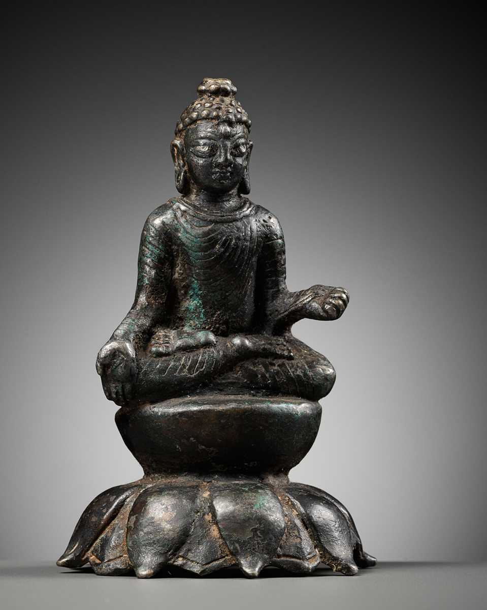 Lot 237 - A SILVERED COPPER-ALLOY FIGURE OF BUDDHA