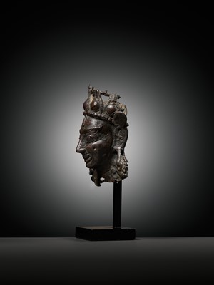 Lot 255 - A SMALL BRONZE PROCESSIONAL MASK OF SHIVA MAHADEVA WITH INLAID PUPILS, 12TH-13TH CENTURY