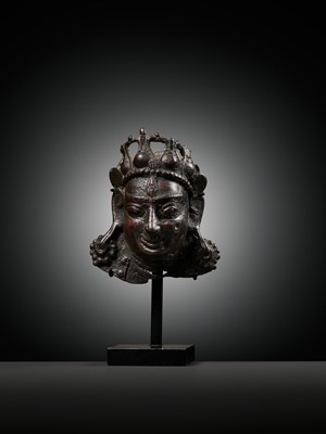 Lot 255 - A SMALL BRONZE PROCESSIONAL MASK OF SHIVA MAHADEVA WITH INLAID PUPILS, 12TH-13TH CENTURY