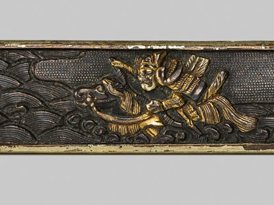 Lot 303 - A RARE SOTEN SCHOOL SOROIMONO (SET OF SWORD FITTINGS) DEPICTING SCENES FROM THE GENPEI WARS