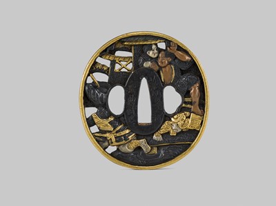 Lot 303 - A RARE SOTEN SCHOOL SOROIMONO (SET OF SWORD FITTINGS) DEPICTING SCENES FROM THE GENPEI WARS