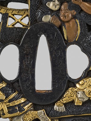 Lot 303 - A RARE SOTEN SCHOOL SOROIMONO (SET OF SWORD FITTINGS) DEPICTING SCENES FROM THE GENPEI WARS