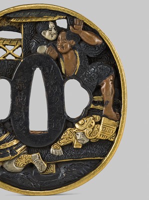 Lot 303 - A RARE SOTEN SCHOOL SOROIMONO (SET OF SWORD FITTINGS) DEPICTING SCENES FROM THE GENPEI WARS