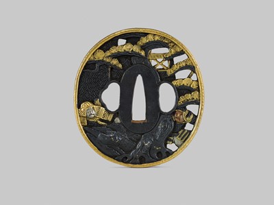 Lot 303 - A RARE SOTEN SCHOOL SOROIMONO (SET OF SWORD FITTINGS) DEPICTING SCENES FROM THE GENPEI WARS