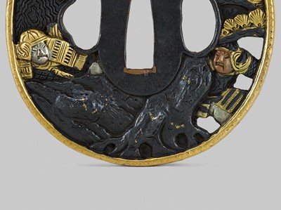 Lot 303 - A RARE SOTEN SCHOOL SOROIMONO (SET OF SWORD FITTINGS) DEPICTING SCENES FROM THE GENPEI WARS