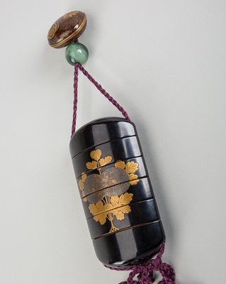 A FINE FIVE-CASE LACQUER INRO DEPICTING KIKU (CHRYSANTHEMUMS), WITH NETSUKE AND OJIME