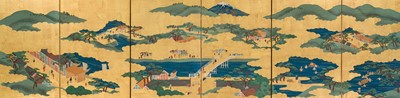 Lot 242 - A SIX-PANEL ‘PANORAMA OF THE TOKAIDO WITH MOUNT FUJI’ BYOBU SCREEN