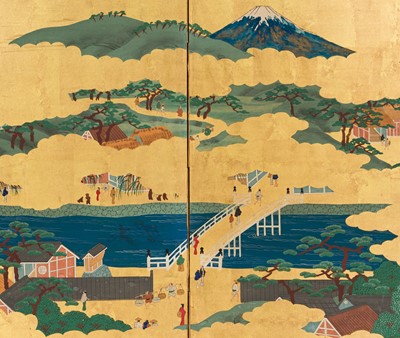 Lot 242 - A SIX-PANEL ‘PANORAMA OF THE TOKAIDO WITH MOUNT FUJI’ BYOBU SCREEN