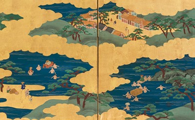 Lot 242 - A SIX-PANEL ‘PANORAMA OF THE TOKAIDO WITH MOUNT FUJI’ BYOBU SCREEN