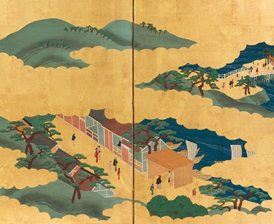 Lot 242 - A SIX-PANEL ‘PANORAMA OF THE TOKAIDO WITH MOUNT FUJI’ BYOBU SCREEN