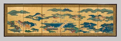 Lot 242 - A SIX-PANEL ‘PANORAMA OF THE TOKAIDO WITH MOUNT FUJI’ BYOBU SCREEN