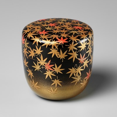 Lot 18 - MURATA SOKAKU: A BLACK AND GOLD LACQUER NATSUME (TEA CADDY) WITH MAPLE LEAVES