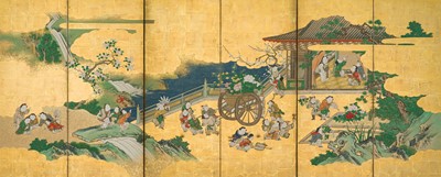 Lot 241 - KANO SCHOOL: A FINE PAIR OF ‘KARAKO BOYS’ SIX-PANEL BYOBU SCREENS