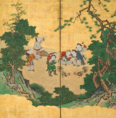 Lot 241 - KANO SCHOOL: A FINE PAIR OF ‘KARAKO BOYS’ SIX-PANEL BYOBU SCREENS